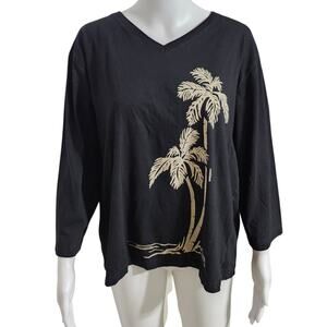 Marushka Black Tee Shirt‎ Top Size XL 3/4 Sleeves Slub Hi-Low Hem Palm